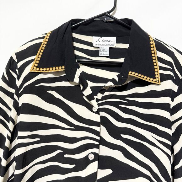 Linea Louis Dell’Olio 1X Silk Zebra Print Gold Trim Button Shirt Long Sleeve Top - Picture 2 of 11